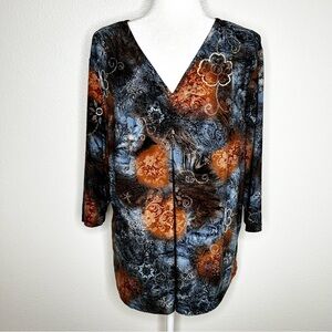 Venezia Womens Blue & Brown Floral V-neck 3/4 Sleeve Stretch Top Plus Size 18/20